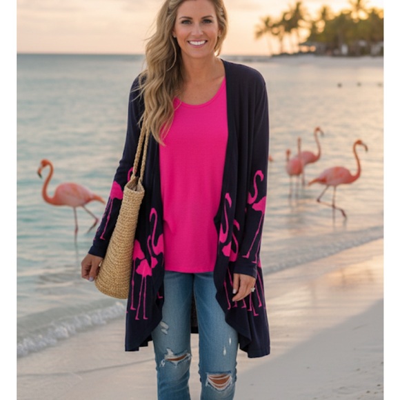 crown & ivy Sweaters - Crown & Ivy Blue  and Pink Flamingo Sweater open cardigan
